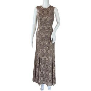 R&M Richards Women's Dress Sequined Lace Gown Sheer Inserts Champagne Sz 10P